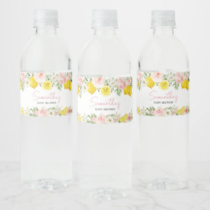 Rosa Blommigt Lemon Baby Shower Vattenflaskor Etikett