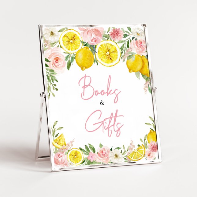 Rosa Blommigt Lemon Bokar och presenter Poster (Summer Lemon Citrus Baby Shower Books and Gifts Sign)