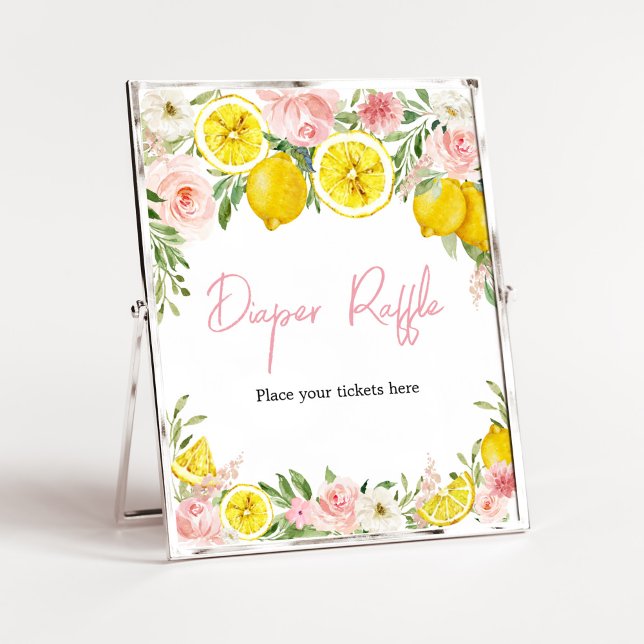Rosa Blommigt Lemon Diaper Raffle Poster (Summer Lemon Citrus Baby Shower Diaper Raffle Sign)