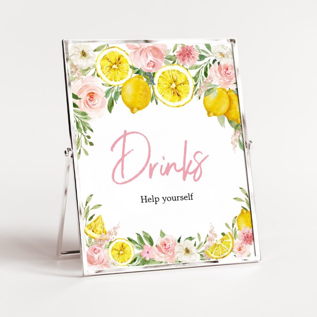 Rosa Blommigt Lemon Drinks Poster (Summer Lemon Citrus Baby Shower Drinks Sign)