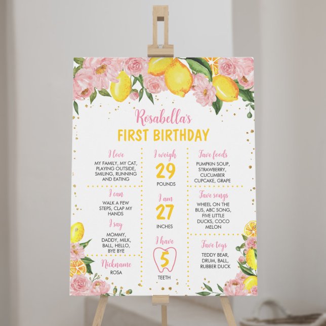 Rosa Blommigt Lemon Girl 1st Birthday Milestone Si Poster (Skapare uppladdad)