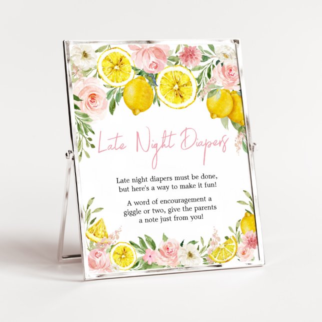 Rosa Blommigt Lemon Late Nattblöjor Poster (Summer Lemon Citrus Baby Shower Late Night Diapers Sign)