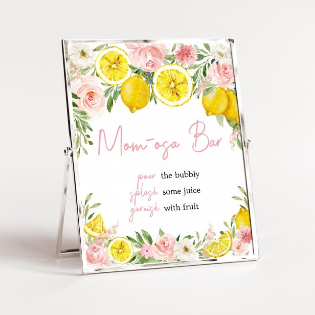 Rosa Blommigt Lemon Mamma Osa Pub Poster (Summer Lemon Citrus Baby Shower Mom Osa Bar Sign)