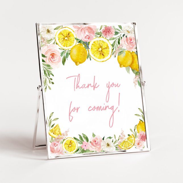 Rosa Blommigt Lemon Tack för kommande Poster (Summer Lemon Citrus Baby Shower Thank You for Coming Sign)