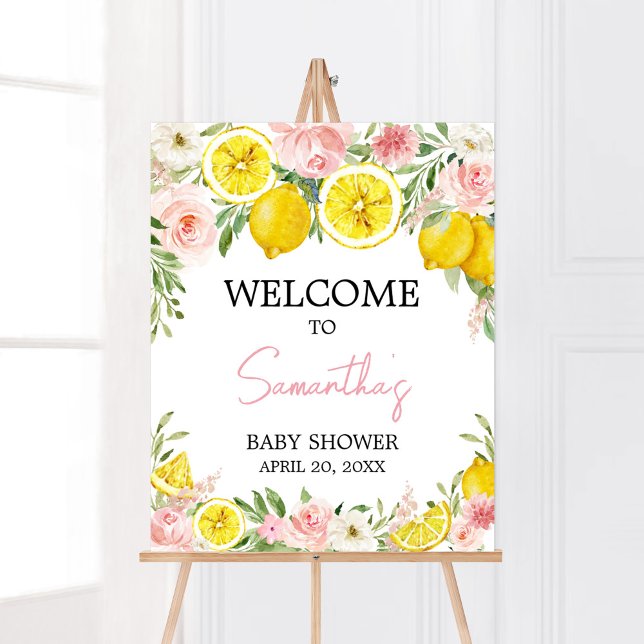 Rosa Blommigt Lemon Välkommen Poster (Summer Lemon Citrus Baby Shower Welcome Sign)