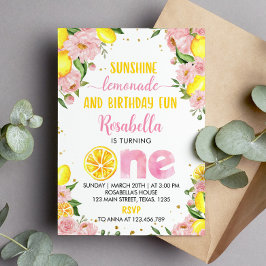 Rosa Blommigt Lemonade 1:a födelsedagsinbjudan Inbjudningar