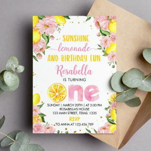 Rosa Blommigt Lemonade 1:a födelsedagsinbjudan Inbjudningar
