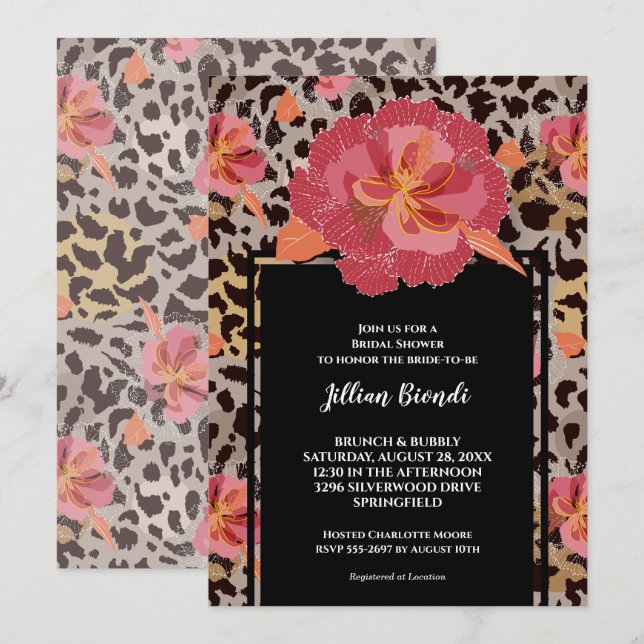 Rosa Blommigt Leopard Animal Print Möhippa Inbjudningar (Fram/baksida)