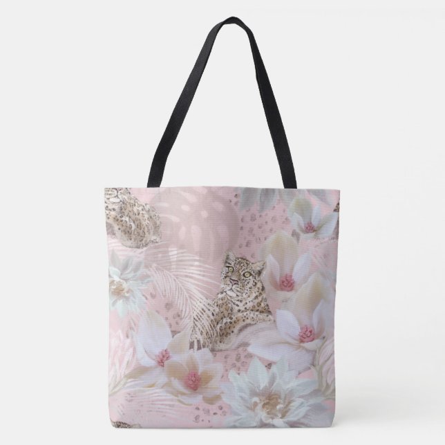 Rosa Blommigt Leopard Mönster Mode Tote Tygkasse (Framsida)