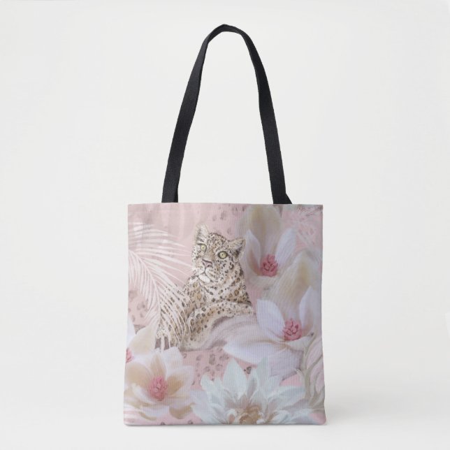 Rosa Blommigt Leopard Mönster Mode Tote Tygkasse (Framsida)