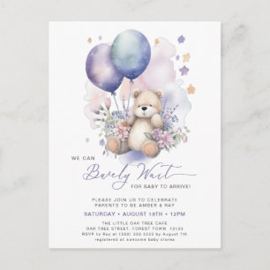 Rosa Blommigt Lila Balloon Bear Girl Baby Shower Inbjudan Vykort