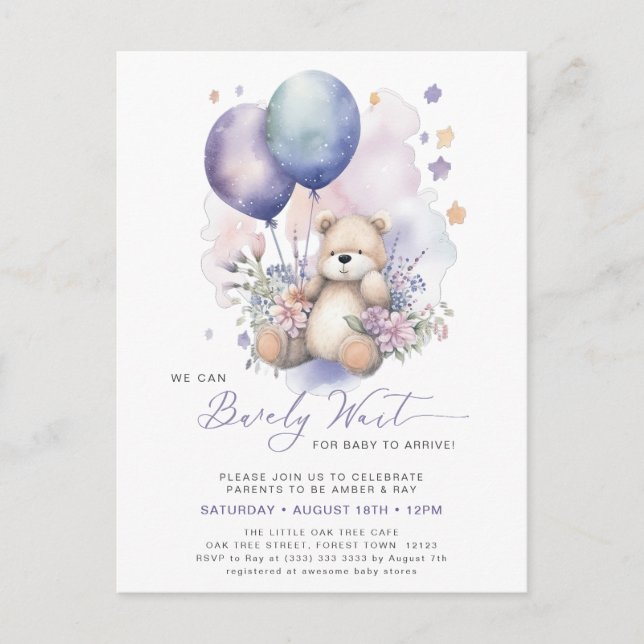 Rosa Blommigt Lila Balloon Bear Girl Baby Shower Inbjudan Vykort (Framsida)