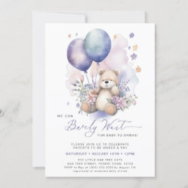 Rosa Blommigt Lila Balloon Bear Girl Baby Shower Inbjudningar
