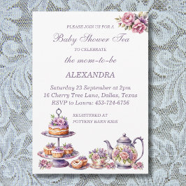 Rosa Blommigt Lilac Whimsical Tea Baby Shower Inbjudningar