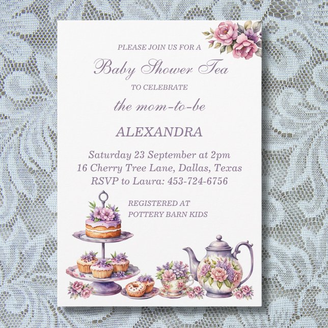 Rosa Blommigt Lilac Whimsical Tea Baby Shower Inbjudningar (Skapare uppladdad)