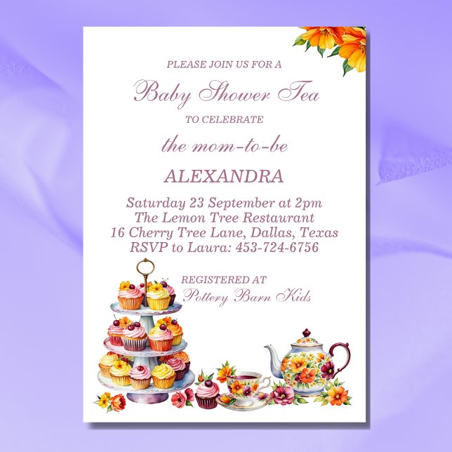 Rosa Blommigt Lilac Whimsical Tea Baby Shower Inbjudningar (Skapare uppladdad)