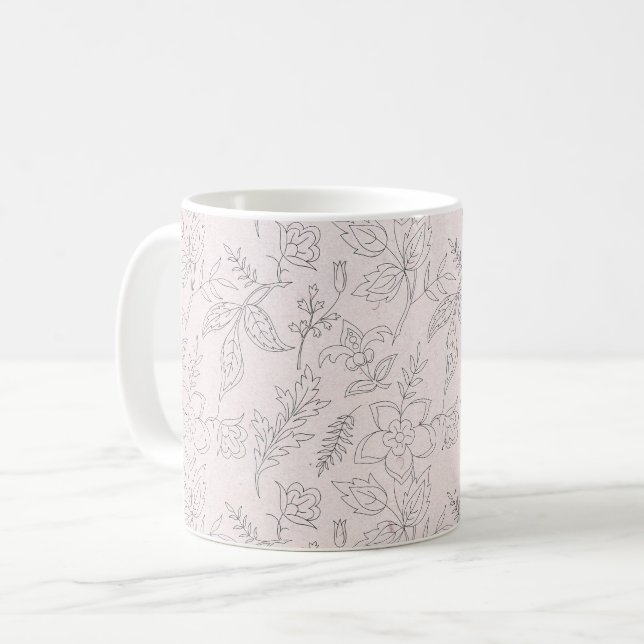 Rosa Blommigt Line Art Mönster Kaffemugg (Framsida vänster)