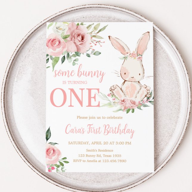 Rosa Blommigt lite Födelsedagsfest Inbjudningar (Pink Floral Bunny Birthday Party Invitation)