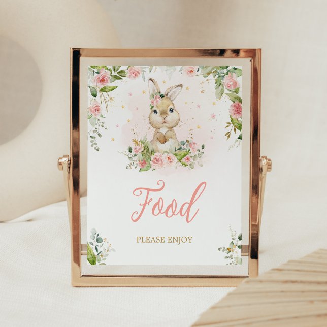 Rosa Blommigt Little Bunny Baby Shower Food Poster (Girl Peter Rabbit Baby Shower Food Sign)
