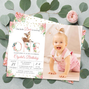 Rosa Blommigt Little Hjort First Birthday Photo Inbjudningar