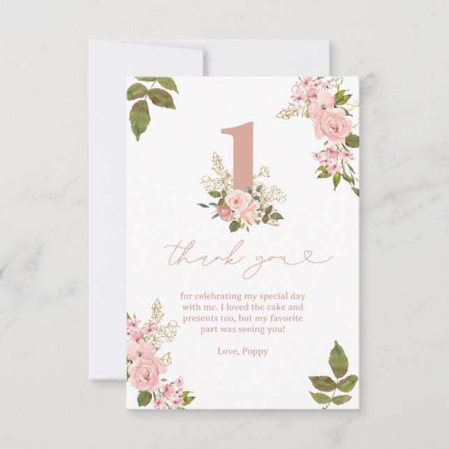 Rosa Blommigt Little Miss 1st Birthday Tack Kort (Framsida)