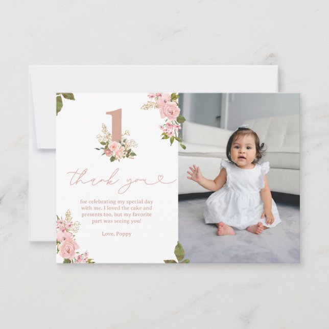 Rosa Blommigt Little Miss 1st Birthday Tack Kort (Framsida)