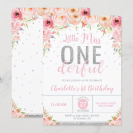 Rosa Blommigt Little Miss Onederful 1st Birthday Inbjudningar