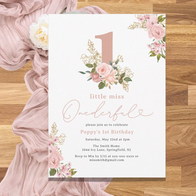 Rosa Blommigt Little Miss Onederful 1st Birthday Inbjudningar (Skapare uppladdad)