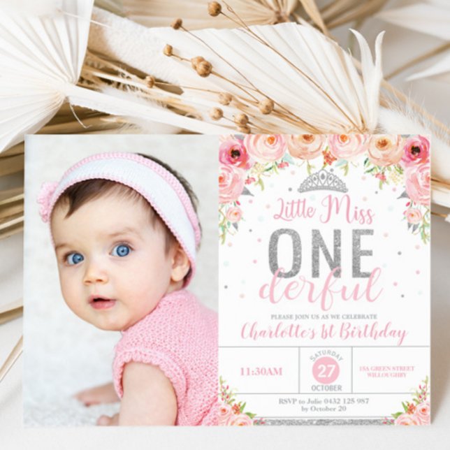 Rosa Blommigt Little Miss Onederful 1st Birthday Inbjudningar (Skapare uppladdad)