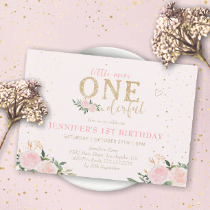 Rosa Blommigt Little Miss Onederful 1st Birthday Inbjudningar