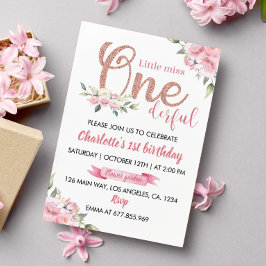 Rosa Blommigt Little Miss Onederful Birthday Inbjudningar