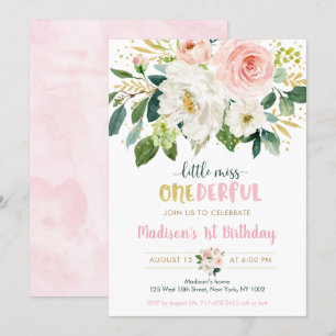 Rosa Blommigt Little Miss Onederful First Birthday Inbjudningar