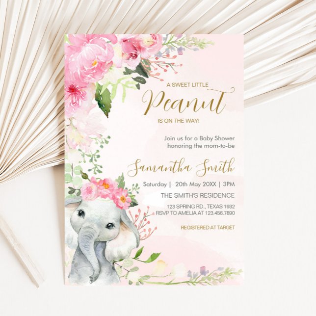 Rosa Blommigt Little Peanut Baby Shower Inbjudningar (Pink Floral Elephant Spring Baby Shower Invitation
)