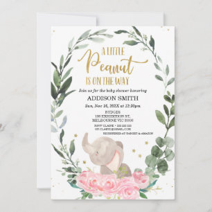 Rosa Blommigt Little Peanut Elephant Baby Shower Inbjudningar