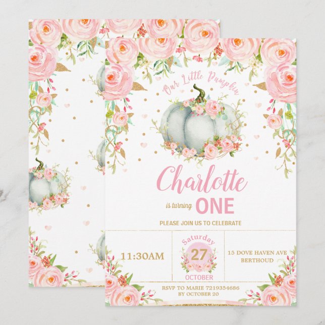 Rosa Blommigt Little Pumpkin1st First Birthday Inbjudningar (Fram/baksida)