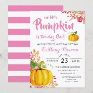 Rosa Blommigt Little Pumpkin 1:a födelsedagsinbjud Inbjudningar