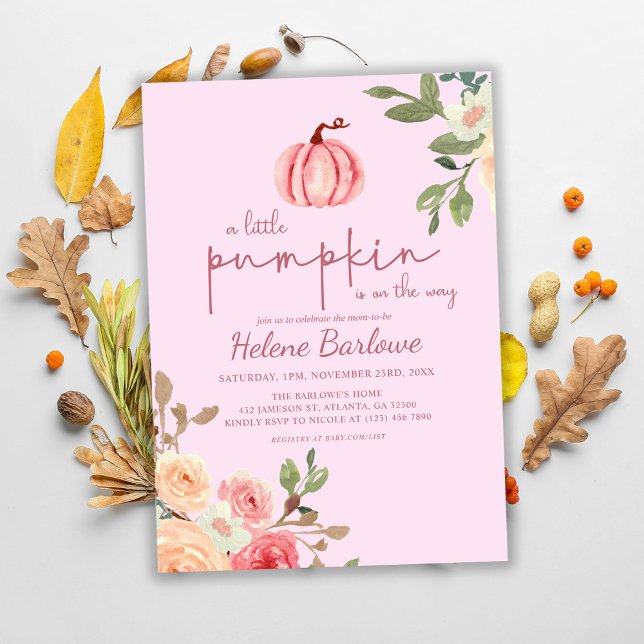 Rosa Blommigt Little Pumpkin Baby Shower-inbjudan Inbjudningar (Pink Floral Little Pumpkin Baby Shower Invitation)