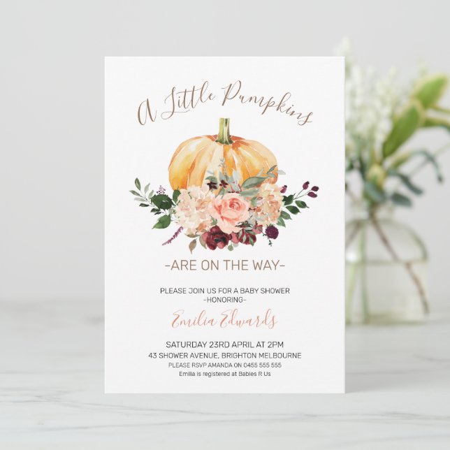 Rosa Blommigt Little Pumpkin Baby Shower-inbjudan Inbjudningar (Stående Fram)