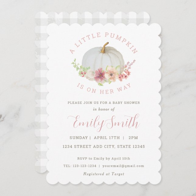 Rosa Blommigt Little Pumpkin Fall Flicka Shower Inbjudningar (Fram/baksida)