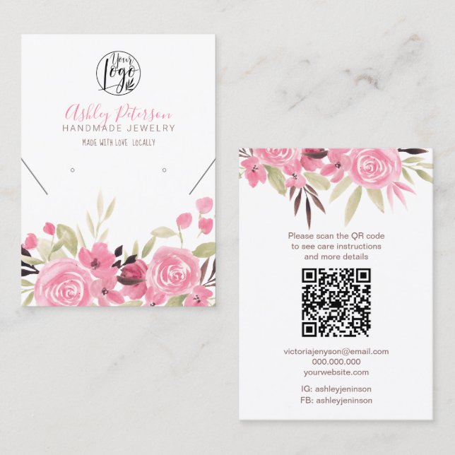 Rosa blommigt logotyp  smyckesöronring halsband Qr Visitkort (Fram/baksida)