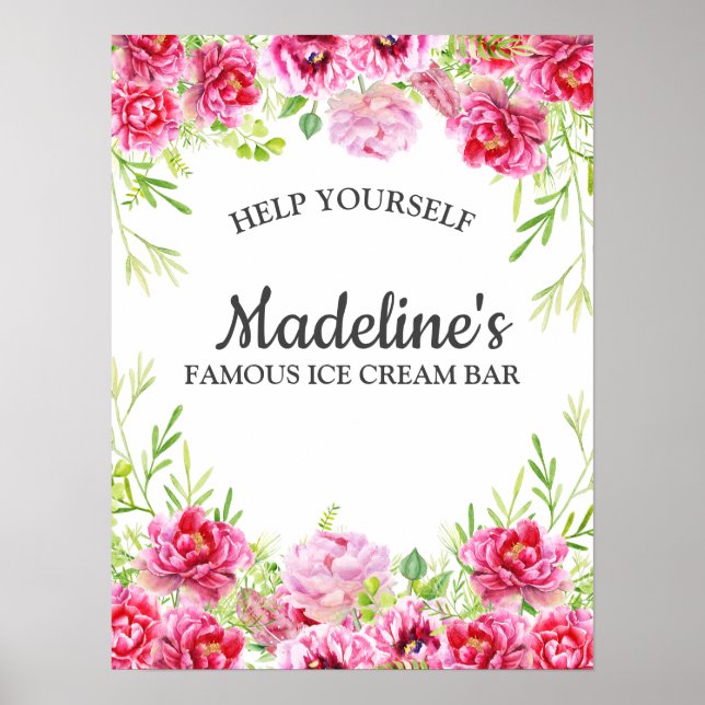 Rosa Blommigt Löv Vit Födelsedagsfest Ice Cream Poster (Framsidan)