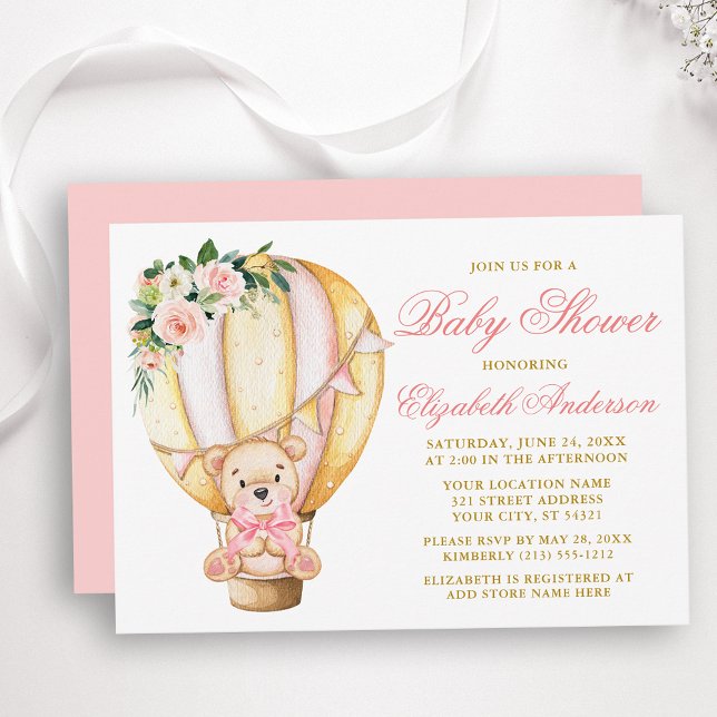 Rosa Blommigt Luft Ballon Nalle Baby Shower Inbjudningar (Customize to change text color, size, style or to change color of back of card.)