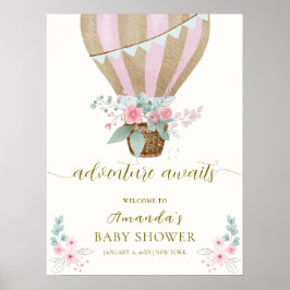 Rosa Blommigt Luftballong Baby Shower Välkommen Poster