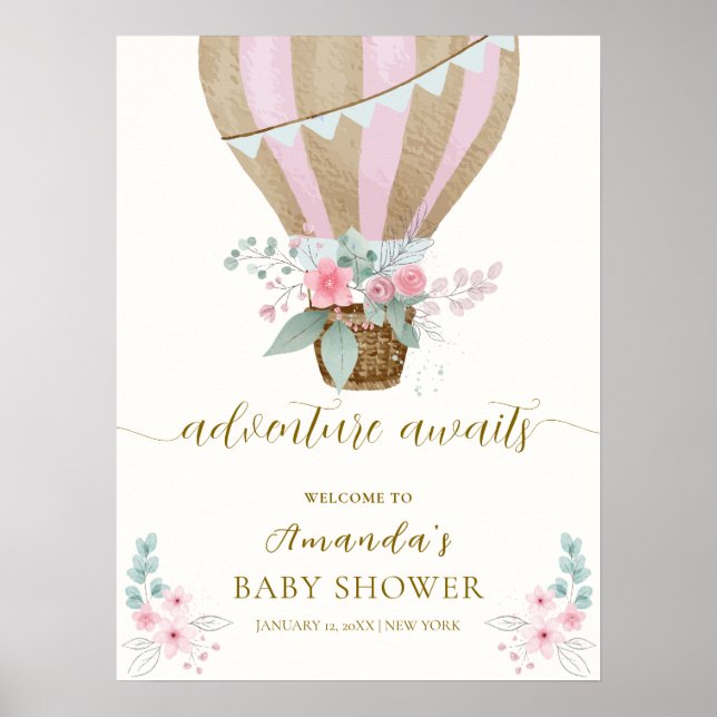 Rosa Blommigt Luftballong Baby Shower Välkommen Poster (Framsidan)