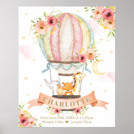 Rosa Blommigt Luftballong Djur födelsetal Poster