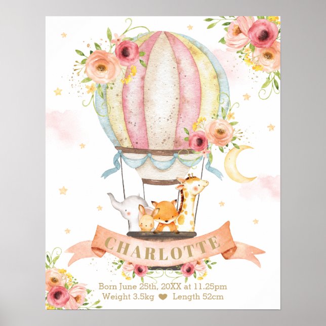 Rosa Blommigt Luftballong Djur födelsetal Poster (Framsidan)