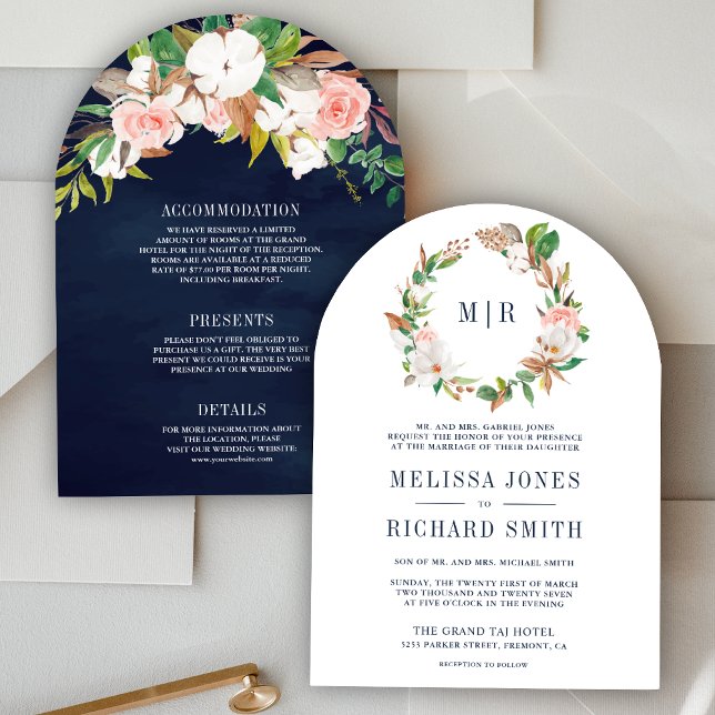 Rosa Blommigt Magnolia Monogram Alla i Bröllop Inbjudningar (Skapare uppladdad)