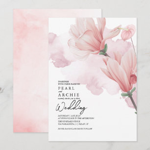 Rosa Blommigt Magnolia Watercolor Bröllop Inbjudningar