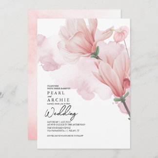 Rosa Blommigt Magnolia Watercolor Bröllop Inbjudningar
