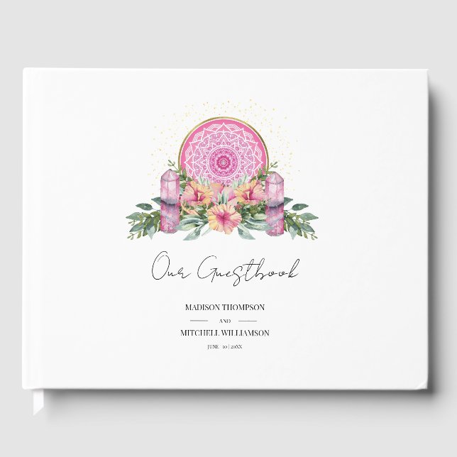 Rosa Blommigt Mandala Crystals Metaphysical Bröllo Gästböcker (Framsida)